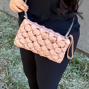 NUDE FAUX LEATHER WOVEN WRISTLET HANDBAG
